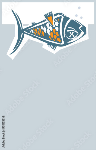 Woodcut expressionist style image of a dead Belly Up Fish