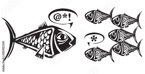 Woodcut expressionist style image of a Fishes School Discussion