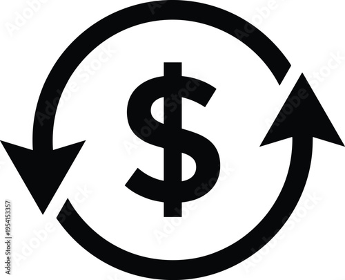 Financial Dollar Symbol with Circular Arrows Representing Cash Flow Currency Exchange Recurring Payments Revenue Cycle Return on Investment and Economic Turnover