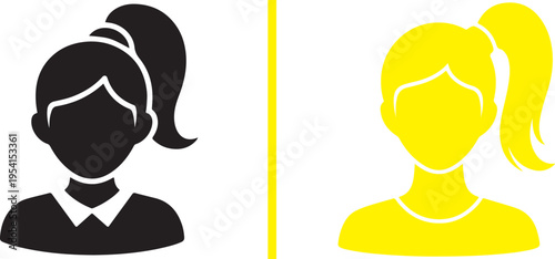 Vector silhouettes of two women with high ponytails. Left features a black front-facing avatar with a collared shirt; right is a bright yellow silhouette with a round neck. Minimalist profile icons.
