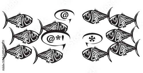 Woodcut expressionist style image of a Fishes School Discussion