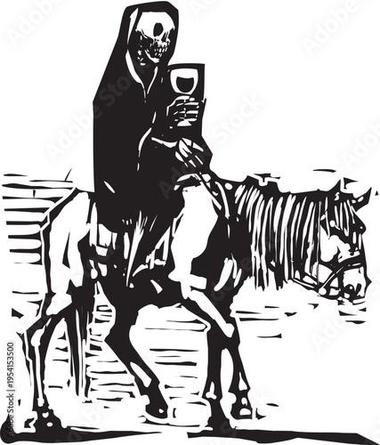 Woodcut expressionist style image of a Death on a thin Horse