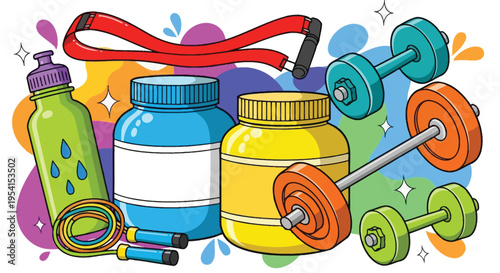 A colorful illustration of fitness equipment and supplements on a vibrant background with dumbbells, jump rope, and bottles.