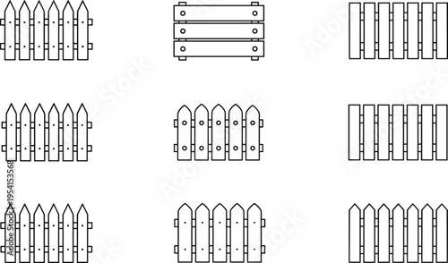 Set of wooden fence outline illustrations featuring picket and panel barrier designs isolated on white background for garden, yard and outdoor boundary concepts