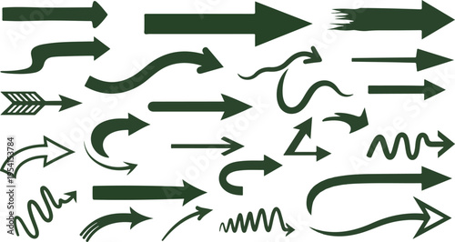 Set of green arrows with different shapes and directions on transparent background