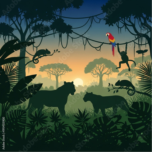 Colorful Parrot and Jungle Animals Silhouettes.