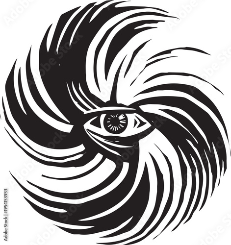 Woodcut expressionist style image of a cloud, destruction, environment, eye, family, flood, force, god, homeless, horror, hurricane, monsoon, nature, people, power, rain, refugee, spin, storm, typhoon