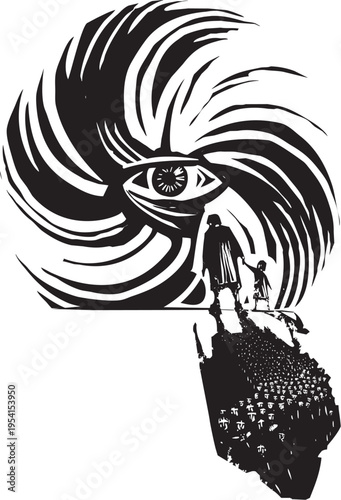 Woodcut expressionist style image of a Hurricane Storm Refugee