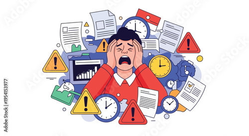 Businessman feeling stressed surrounded by clocks and warning signs at office