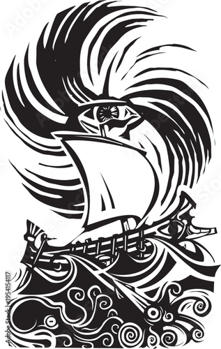 Woodcut expressionist style image of a Storm for Ulysses' Ship