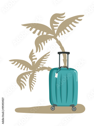 A travel suitcase with a palm tree silhouette. Tourism, vacation. Bag with a handle, wheels, and a retractable handle. Summer vacation, beach holidays, tropical climates.