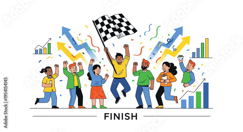 People celebrating success with winner holding checkered flag at finish line