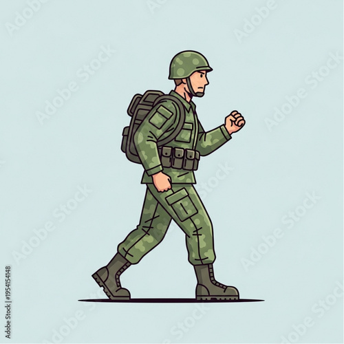 Soldier in Green Uniform Walking Forward.
