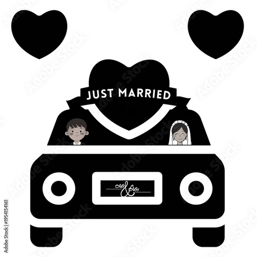 Just Married Wedding Car Vector Illustration with Bride and Groom