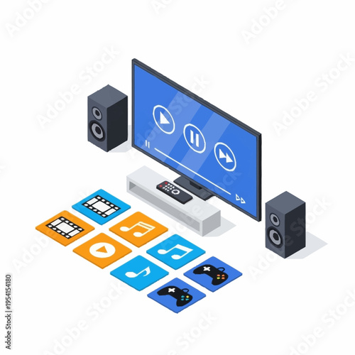 Isometric illustration of a home entertainment system with a TV, speakers, and various media icons on the floor.