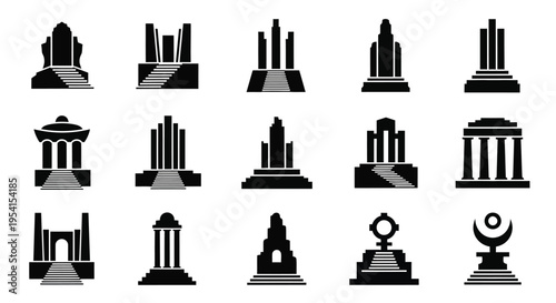 Geometric shapes form various iconic monuments and structures in illustrations.