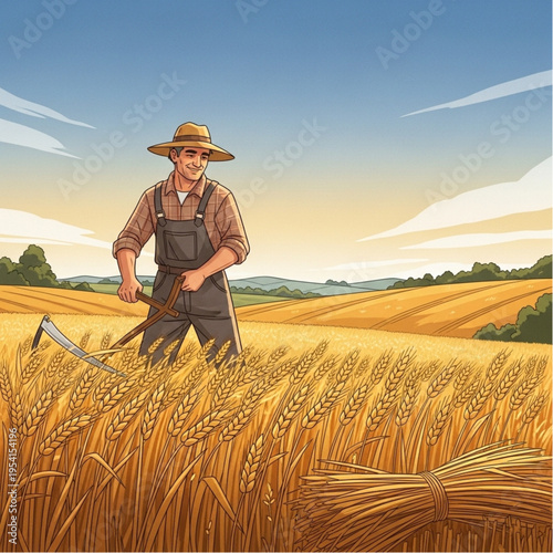 Farmer Harvesting Wheat in Golden Field.