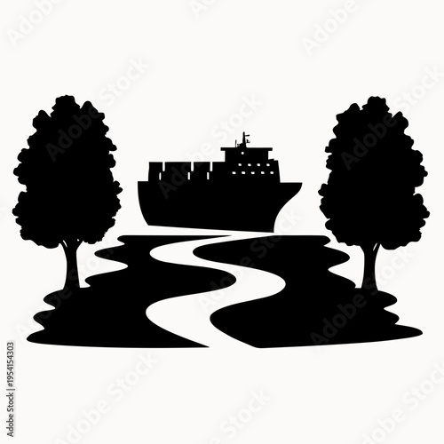 A black silhouette vector graphic of a cargo ship sailing on a winding river between two trees