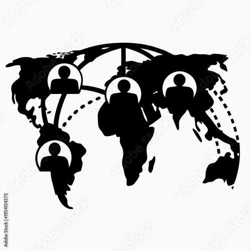 A black silhouette vector graphic of a world map with connected people icons