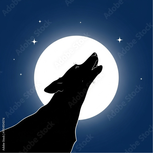 Wolf Silhouette Howling at Full Moon.