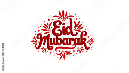 Eid mubarak greeting card with red floral design on white background