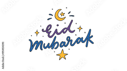 Eid mubarak greeting with crescent moon and stars on white background