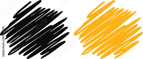 Hand drawn scribble brush stroke set black and yellow texture shapes