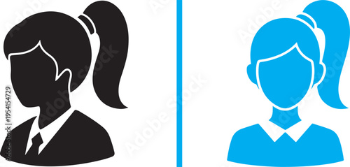 Vector silhouettes of two women with high ponytails. Left shows a black avatar in a suit and tie; right is a bright blue front-facing icon with a collared shirt. Clean, professional graphic style.
