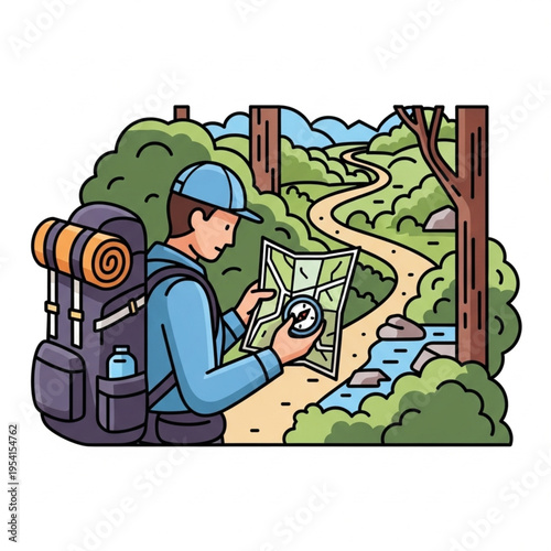 Hiker Examining Map with Compass.