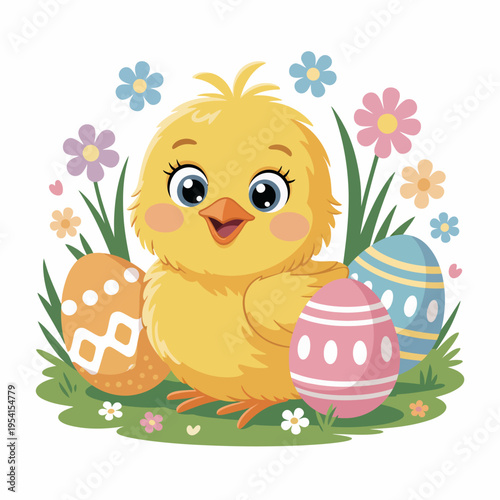 A sweet cartoon baby chick sits happily among colorful Easter eggs and spring flowers.