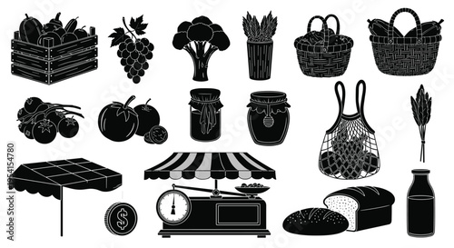Black silhouette icons of diverse market produce, grocery items, and a market stall are meticulously arranged on a gray background.
