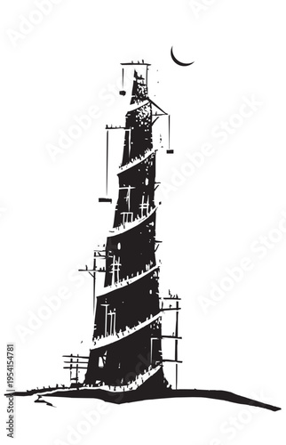 Woodcut expressionist style image of Tower of Babel