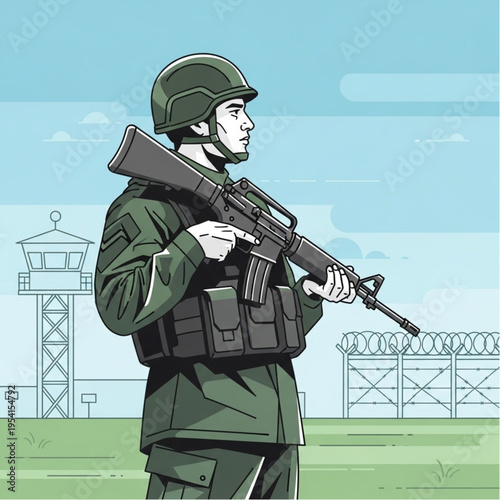 Soldier with Rifle Standing Guard.