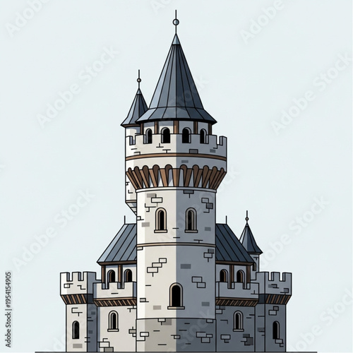 Medieval Castle Tower with Battlements and Turrets.