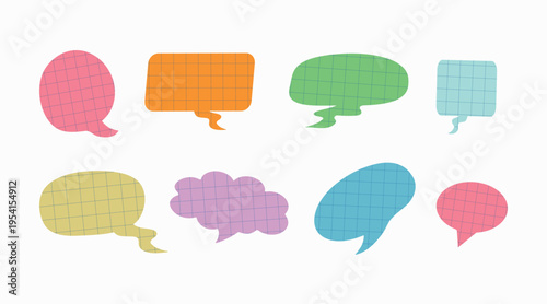 Checkered background, paper sheet. Speech bubbles. Cloud online chats with space for comments and text. Information forms.