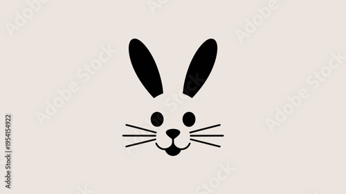 A charming minimalist black bunny face with long ears and whiskers on a light beige background.