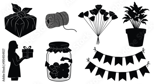 Various black silhouettes depicting gifts, plants, and decorative items are arranged across a clean white background.