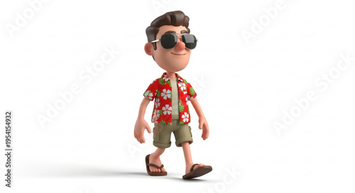 A cartoon man wearing sunglasses and a Hawaiian shirt walks forward with a relaxed expression