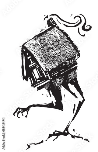 Woodcut expressionist style image of Baba Yaga's Dacha