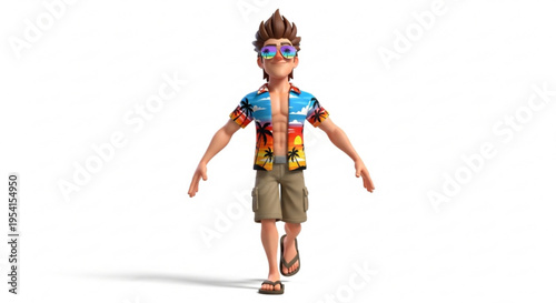 A cartoon man wearing sunglasses and a Hawaiian shirt walks forward with a carefree expression