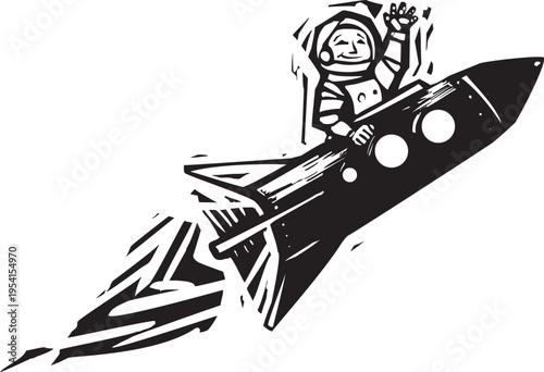 Woodcut expressionist style image of a Retro Soviet Boy Cosmonaut