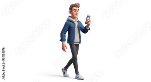 A cartoon man walking while looking at his smartphone with a cheerful expression