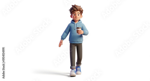 A cartoon boy walking and holding a cup of coffee in a casual outfit
