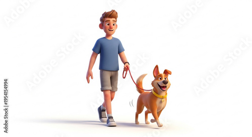 A cartoon boy walking a happy dog on a leash in a playful illustration