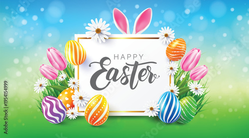 Easter Day web banner template with Colorful Painted Easter Eggs and flower.Greetings and presents for Easter Day.Promotion and shopping template for Easter Day.Vector illustration EPS10