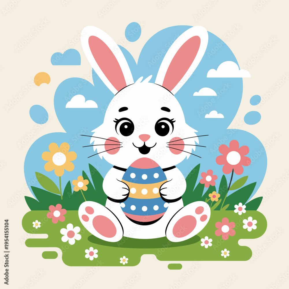 Fototapeta premium An adorable white Easter bunny gently cradles a beautifully decorated egg in a flowery field.