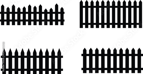 Set of wooden picket fence silhouettes featuring classic garden barrier designs isolated on white background for yard, outdoor and boundary landscaping concepts