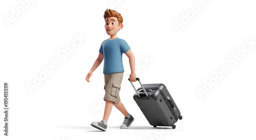 A cartoon man walking with a suitcase in a 3D illustration