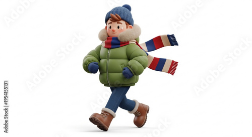 A cartoon boy wearing winter clothing runs with a scarf flowing behind him