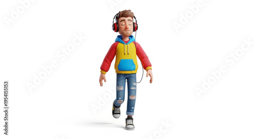 A colorful cartoon boy wearing headphones and walking with a carefree expression